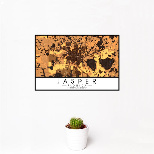 12x18 Jasper Florida Map Print Landscape Orientation in Ember Style With Small Cactus Plant in White Planter