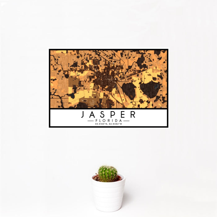 12x18 Jasper Florida Map Print Landscape Orientation in Ember Style With Small Cactus Plant in White Planter
