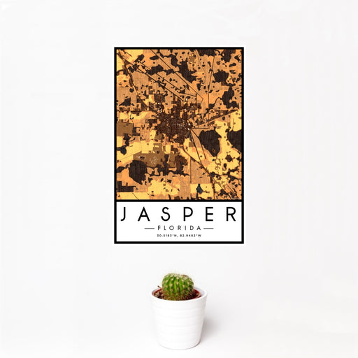 12x18 Jasper Florida Map Print Portrait Orientation in Ember Style With Small Cactus Plant in White Planter