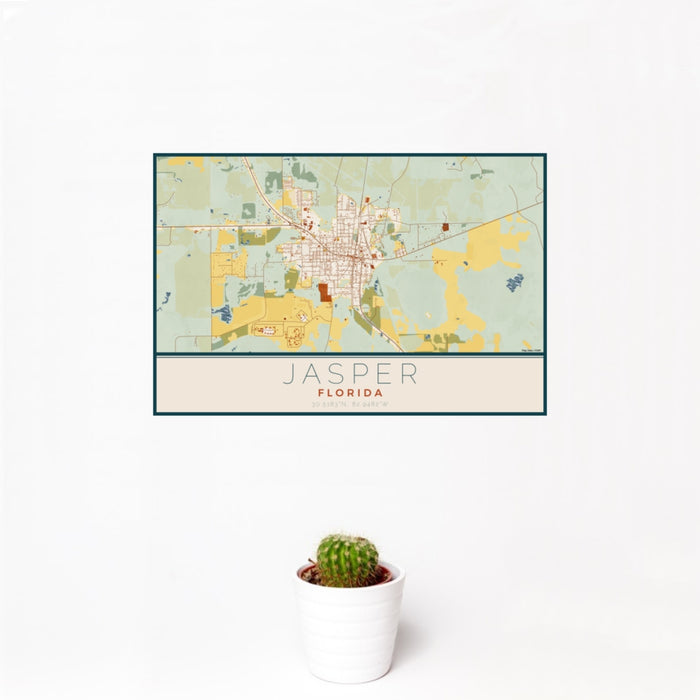 12x18 Jasper Florida Map Print Landscape Orientation in Woodblock Style With Small Cactus Plant in White Planter
