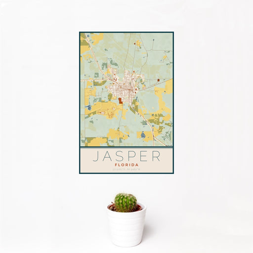 12x18 Jasper Florida Map Print Portrait Orientation in Woodblock Style With Small Cactus Plant in White Planter