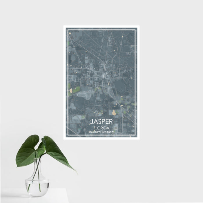 16x24 Jasper Florida Map Print Portrait Orientation in Afternoon Style With Tropical Plant Leaves in Water