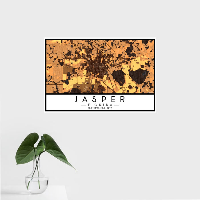 16x24 Jasper Florida Map Print Landscape Orientation in Ember Style With Tropical Plant Leaves in Water