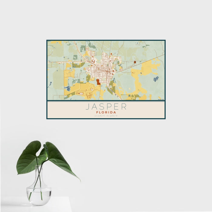 16x24 Jasper Florida Map Print Landscape Orientation in Woodblock Style With Tropical Plant Leaves in Water