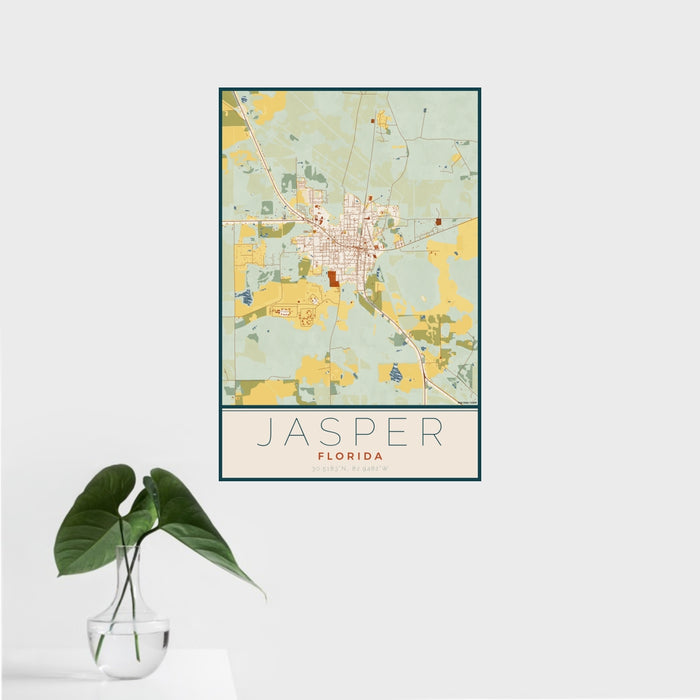 16x24 Jasper Florida Map Print Portrait Orientation in Woodblock Style With Tropical Plant Leaves in Water