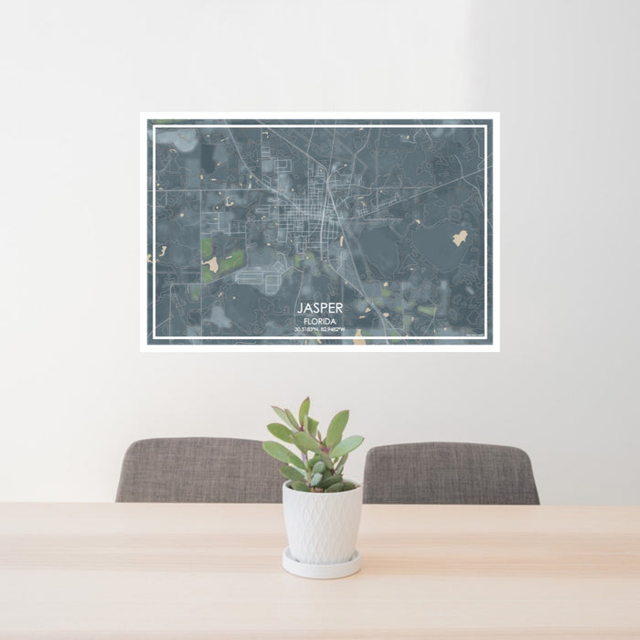 24x36 Jasper Florida Map Print Lanscape Orientation in Afternoon Style Behind 2 Chairs Table and Potted Plant