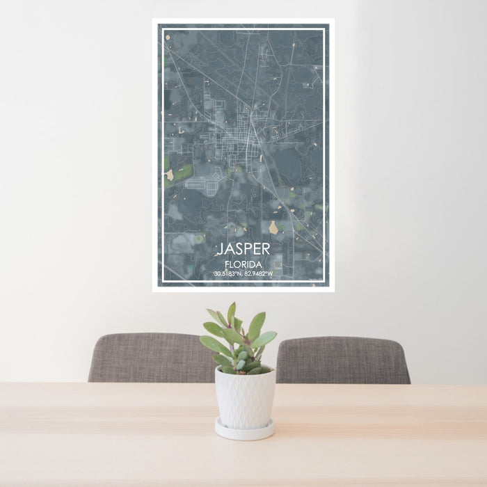 24x36 Jasper Florida Map Print Portrait Orientation in Afternoon Style Behind 2 Chairs Table and Potted Plant