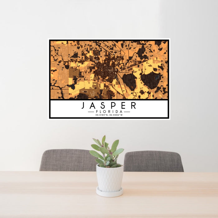 24x36 Jasper Florida Map Print Lanscape Orientation in Ember Style Behind 2 Chairs Table and Potted Plant