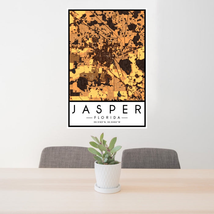 24x36 Jasper Florida Map Print Portrait Orientation in Ember Style Behind 2 Chairs Table and Potted Plant
