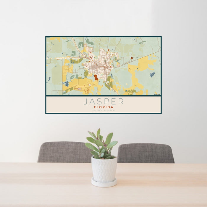24x36 Jasper Florida Map Print Lanscape Orientation in Woodblock Style Behind 2 Chairs Table and Potted Plant