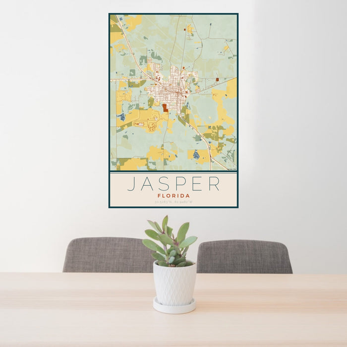 24x36 Jasper Florida Map Print Portrait Orientation in Woodblock Style Behind 2 Chairs Table and Potted Plant