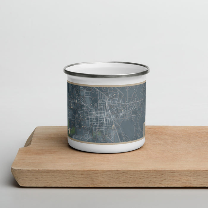 Front View Custom Jasper Florida Map Enamel Mug in Afternoon on Cutting Board