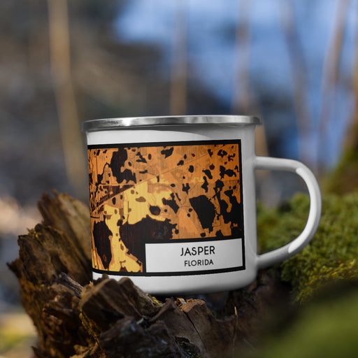 Right View Custom Jasper Florida Map Enamel Mug in Ember on Grass With Trees in Background