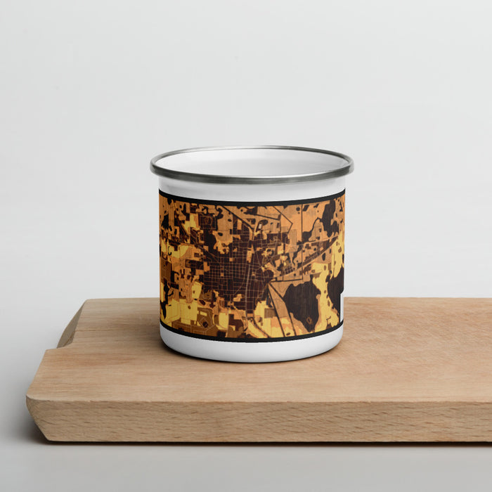 Front View Custom Jasper Florida Map Enamel Mug in Ember on Cutting Board