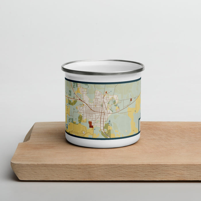 Front View Custom Jasper Florida Map Enamel Mug in Woodblock on Cutting Board