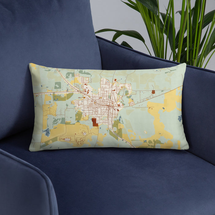 Custom Jasper Florida Map Throw Pillow in Woodblock on Blue Colored Chair