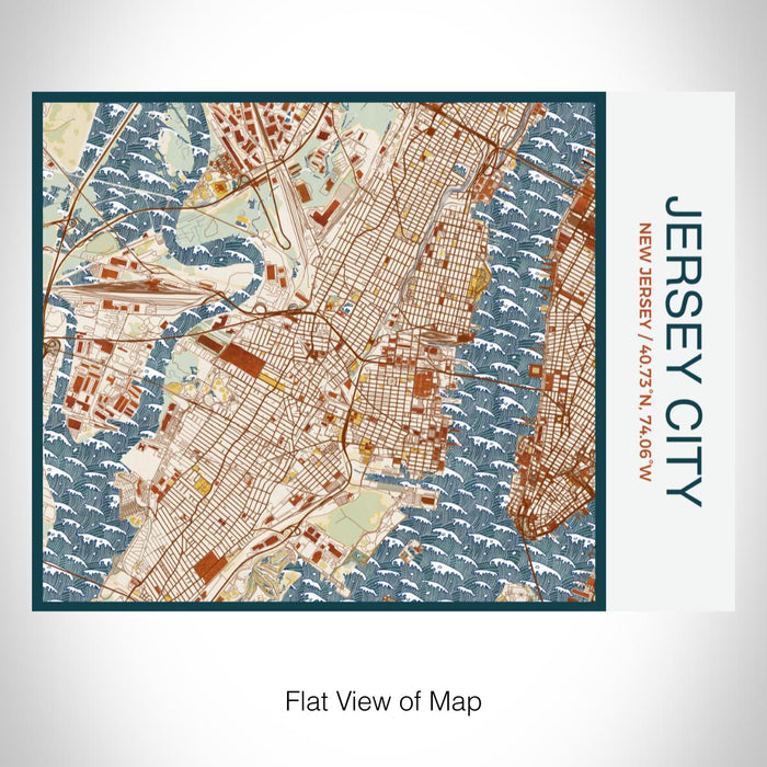 Rendered View of Jersey City New Jersey Map on 20oz Stainless Steel Insulated Bottle with Bamboo Top with printed woodblock style map