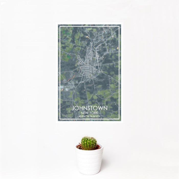 12x18 Johnstown New York Map Print Portrait Orientation in Afternoon Style With Small Cactus Plant in White Planter