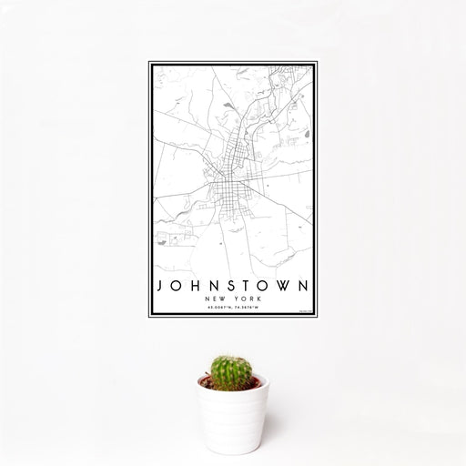 12x18 Johnstown New York Map Print Portrait Orientation in Classic Style With Small Cactus Plant in White Planter