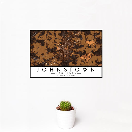 12x18 Johnstown New York Map Print Landscape Orientation in Ember Style With Small Cactus Plant in White Planter