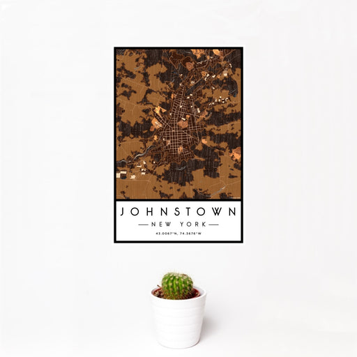 12x18 Johnstown New York Map Print Portrait Orientation in Ember Style With Small Cactus Plant in White Planter