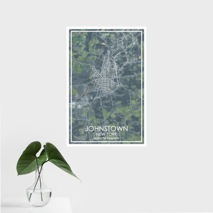 16x24 Johnstown New York Map Print Portrait Orientation in Afternoon Style With Tropical Plant Leaves in Water
