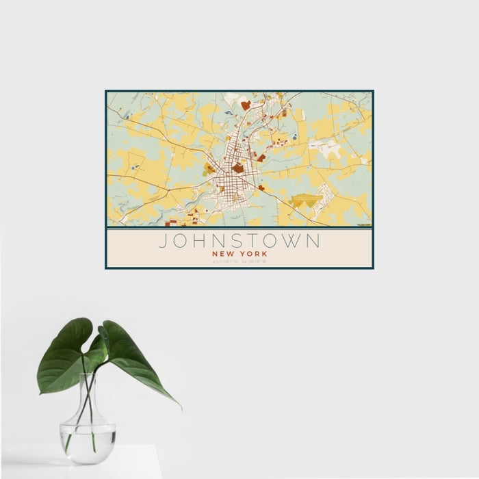 16x24 Johnstown New York Map Print Landscape Orientation in Woodblock Style With Tropical Plant Leaves in Water