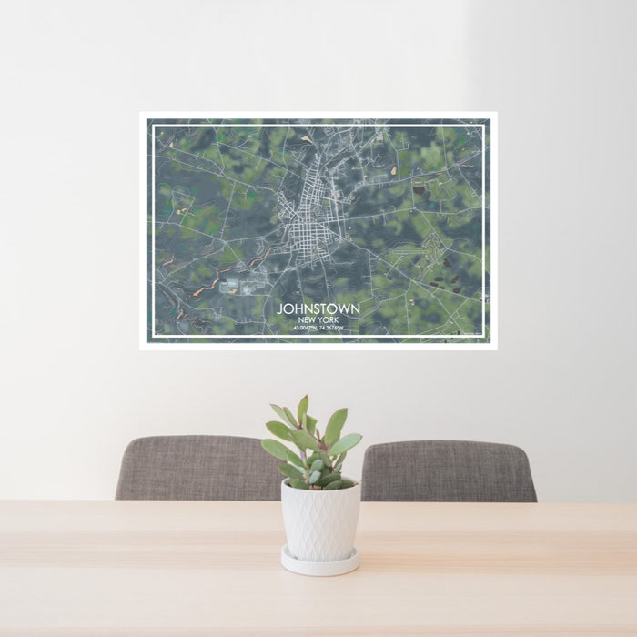 24x36 Johnstown New York Map Print Lanscape Orientation in Afternoon Style Behind 2 Chairs Table and Potted Plant