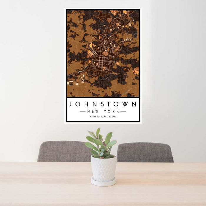 24x36 Johnstown New York Map Print Portrait Orientation in Ember Style Behind 2 Chairs Table and Potted Plant
