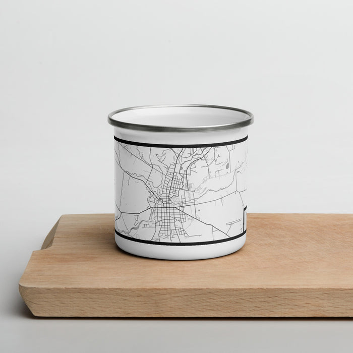 Front View Custom Johnstown New York Map Enamel Mug in Classic on Cutting Board