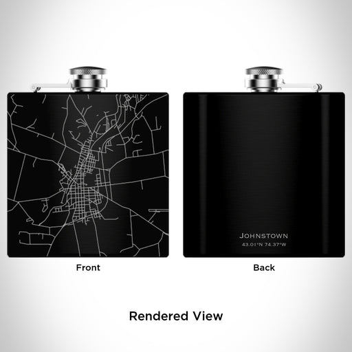 Rendered View of Johnstown New York Map Engraving on 6oz Stainless Steel Flask in Black