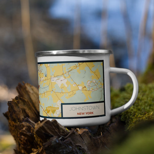Right View Custom Johnstown New York Map Enamel Mug in Woodblock on Grass With Trees in Background