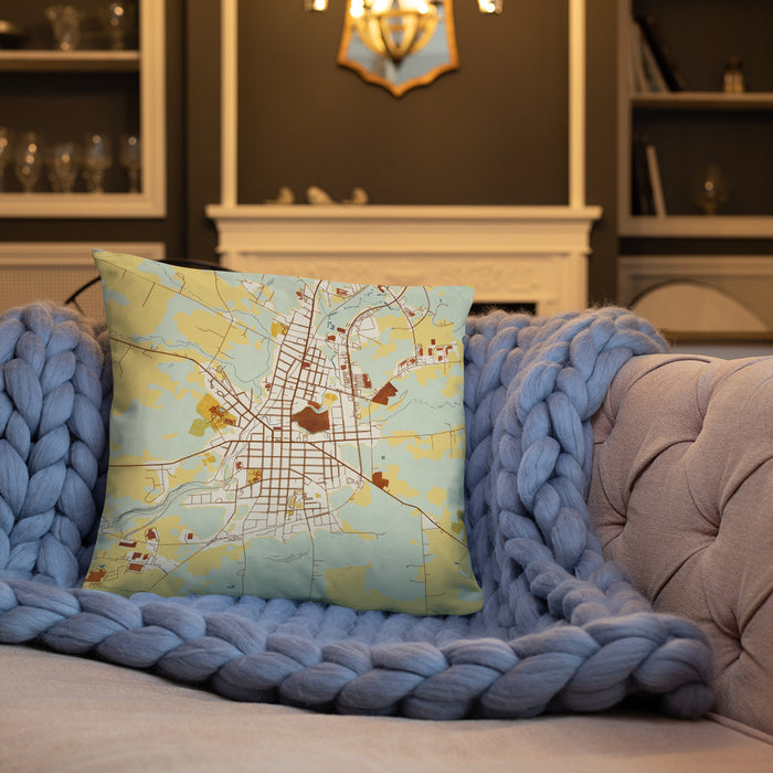 Custom Johnstown New York Map Throw Pillow in Woodblock on Cream Colored Couch
