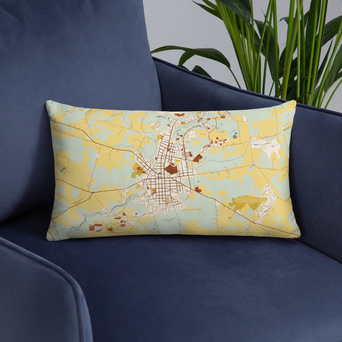Custom Johnstown New York Map Throw Pillow in Woodblock on Blue Colored Chair