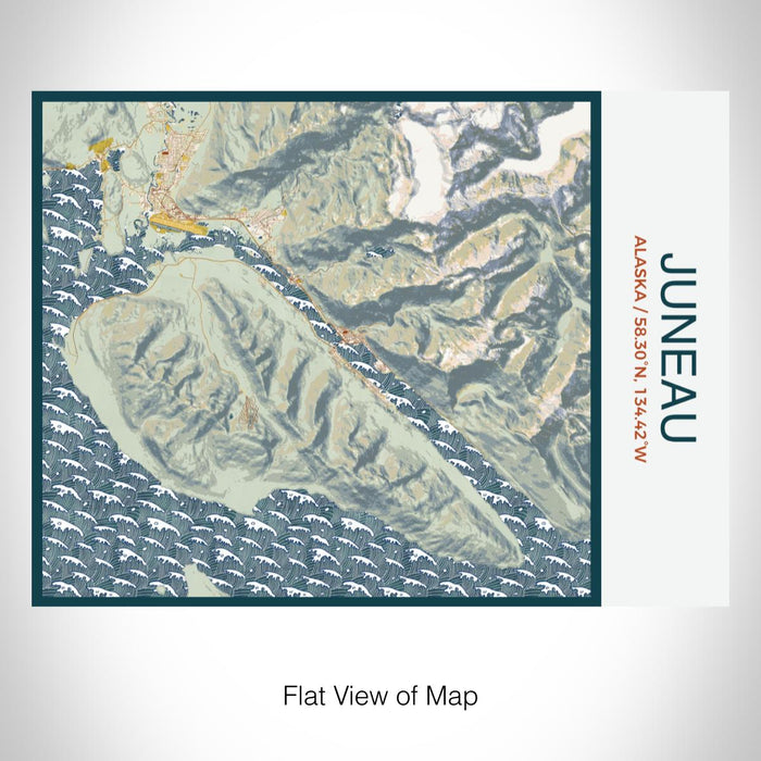Rendered View of Juneau Alaska Map on 20oz Stainless Steel Insulated Bottle with Bamboo Top with printed woodblock style map