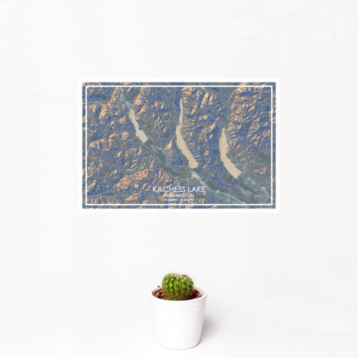 12x18 Kachess Lake Washington Map Print Landscape Orientation in Afternoon Style With Small Cactus Plant in White Planter