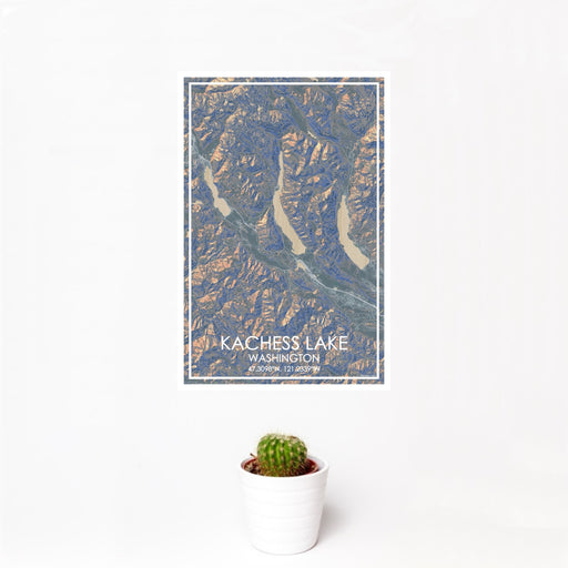 12x18 Kachess Lake Washington Map Print Portrait Orientation in Afternoon Style With Small Cactus Plant in White Planter