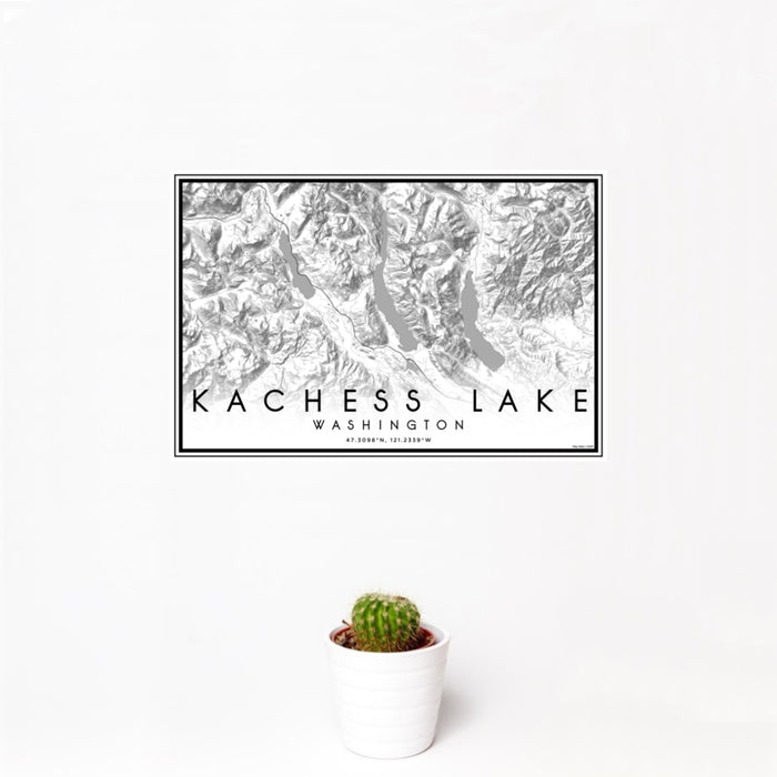 12x18 Kachess Lake Washington Map Print Landscape Orientation in Classic Style With Small Cactus Plant in White Planter