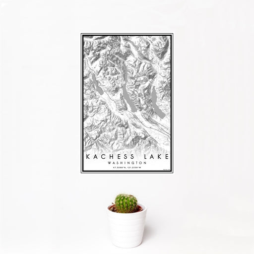 12x18 Kachess Lake Washington Map Print Portrait Orientation in Classic Style With Small Cactus Plant in White Planter