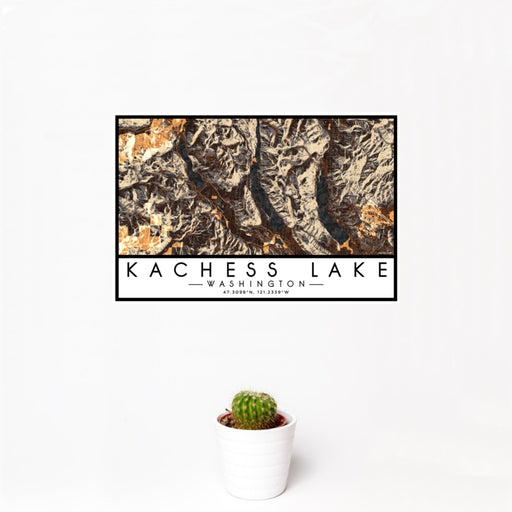 12x18 Kachess Lake Washington Map Print Landscape Orientation in Ember Style With Small Cactus Plant in White Planter