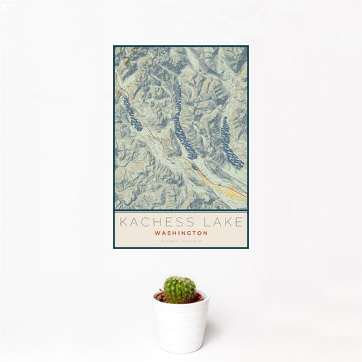 12x18 Kachess Lake Washington Map Print Portrait Orientation in Woodblock Style With Small Cactus Plant in White Planter