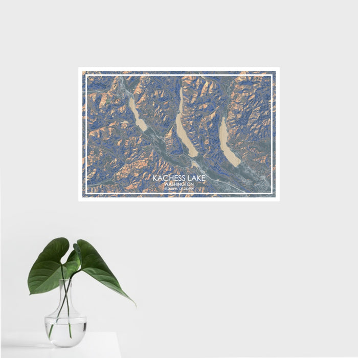 16x24 Kachess Lake Washington Map Print Landscape Orientation in Afternoon Style With Tropical Plant Leaves in Water