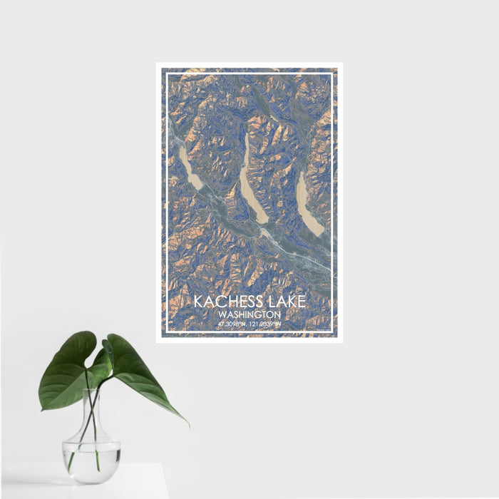 16x24 Kachess Lake Washington Map Print Portrait Orientation in Afternoon Style With Tropical Plant Leaves in Water