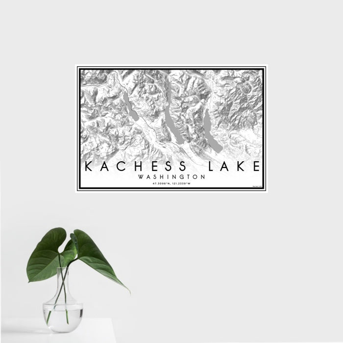 16x24 Kachess Lake Washington Map Print Landscape Orientation in Classic Style With Tropical Plant Leaves in Water