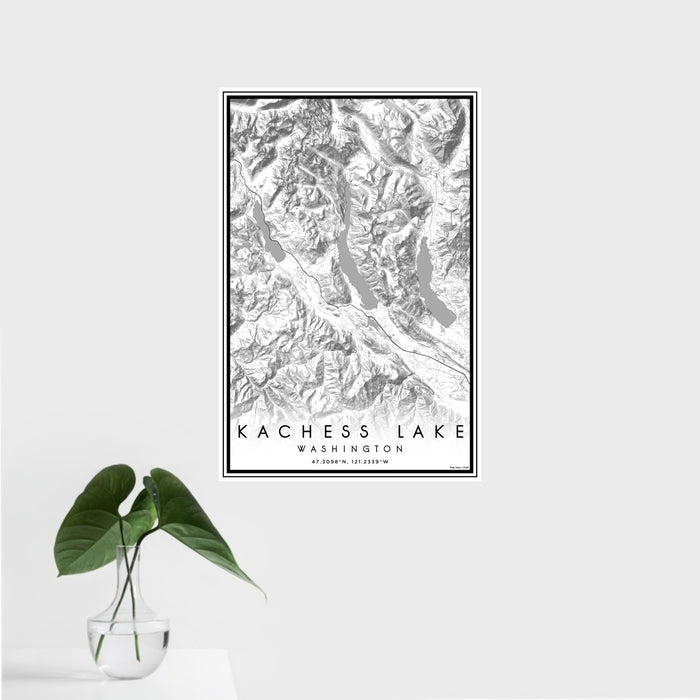 16x24 Kachess Lake Washington Map Print Portrait Orientation in Classic Style With Tropical Plant Leaves in Water