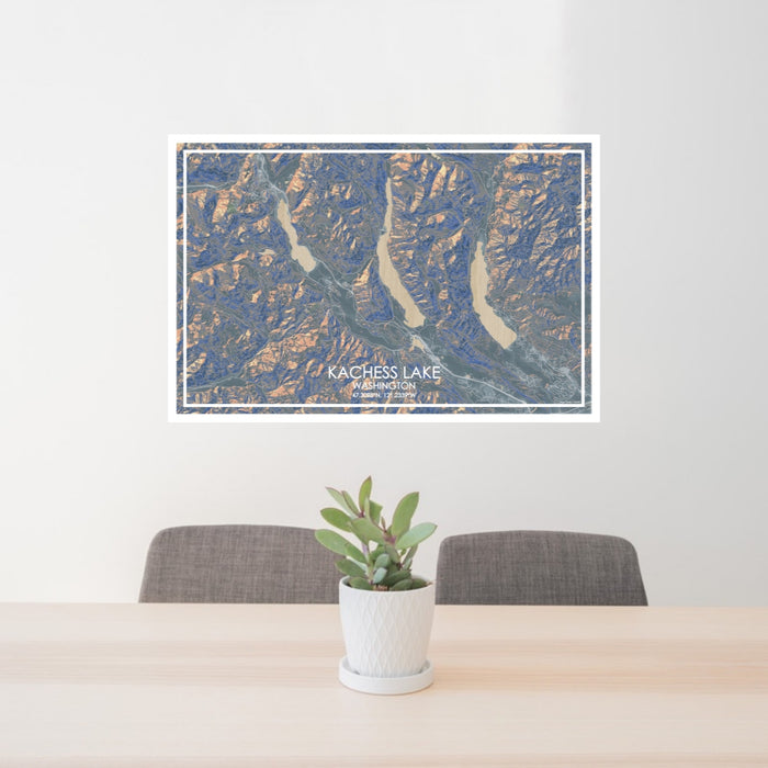 24x36 Kachess Lake Washington Map Print Lanscape Orientation in Afternoon Style Behind 2 Chairs Table and Potted Plant