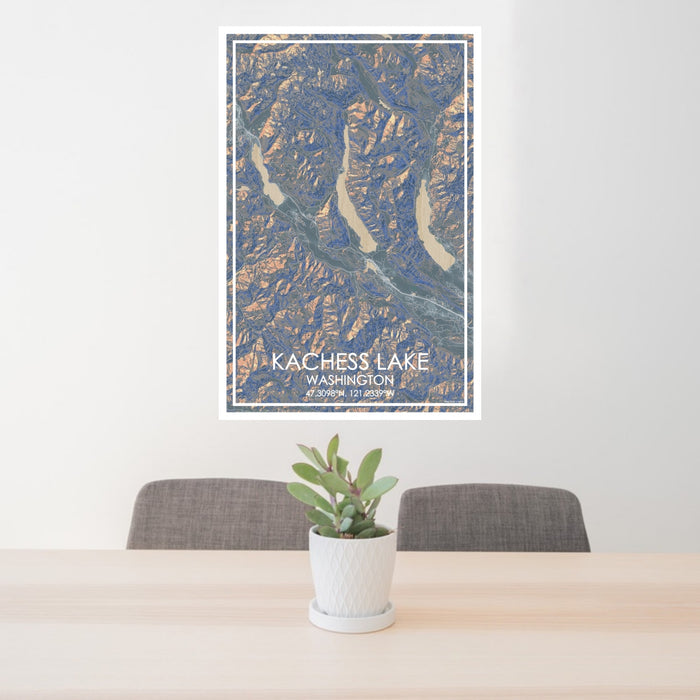 24x36 Kachess Lake Washington Map Print Portrait Orientation in Afternoon Style Behind 2 Chairs Table and Potted Plant