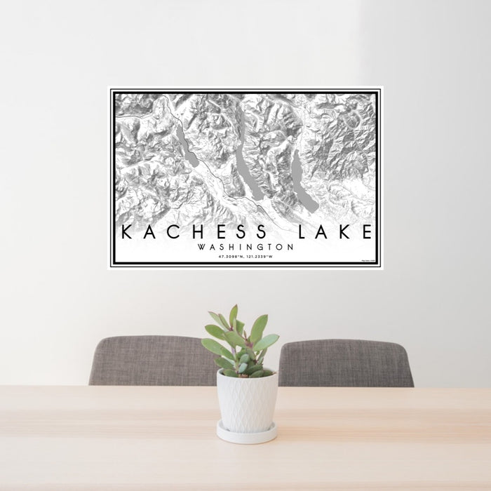 24x36 Kachess Lake Washington Map Print Lanscape Orientation in Classic Style Behind 2 Chairs Table and Potted Plant