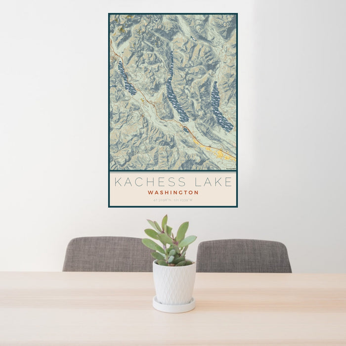 24x36 Kachess Lake Washington Map Print Portrait Orientation in Woodblock Style Behind 2 Chairs Table and Potted Plant