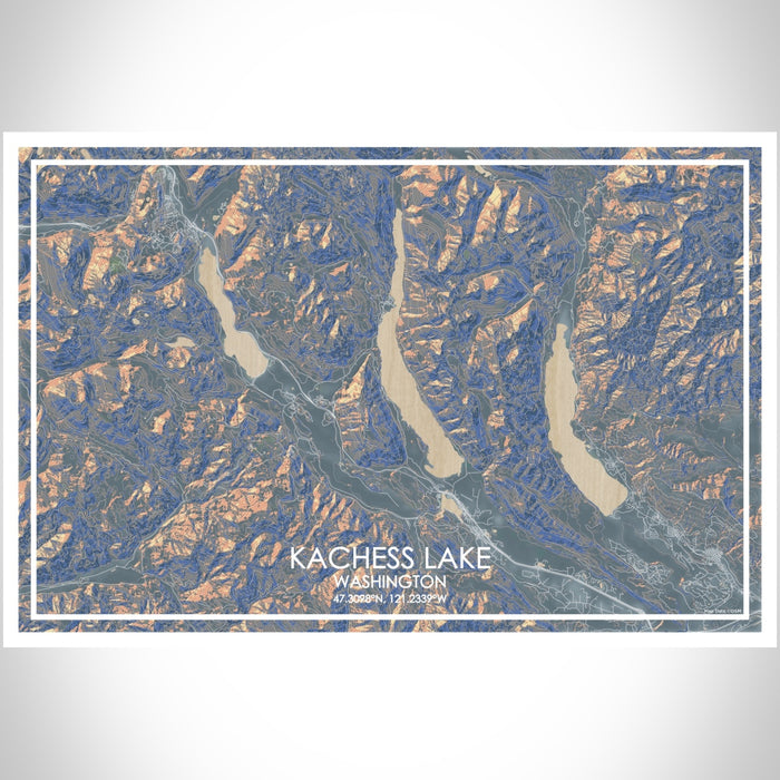 Kachess Lake Washington Map Print Landscape Orientation in Afternoon Style With Shaded Background